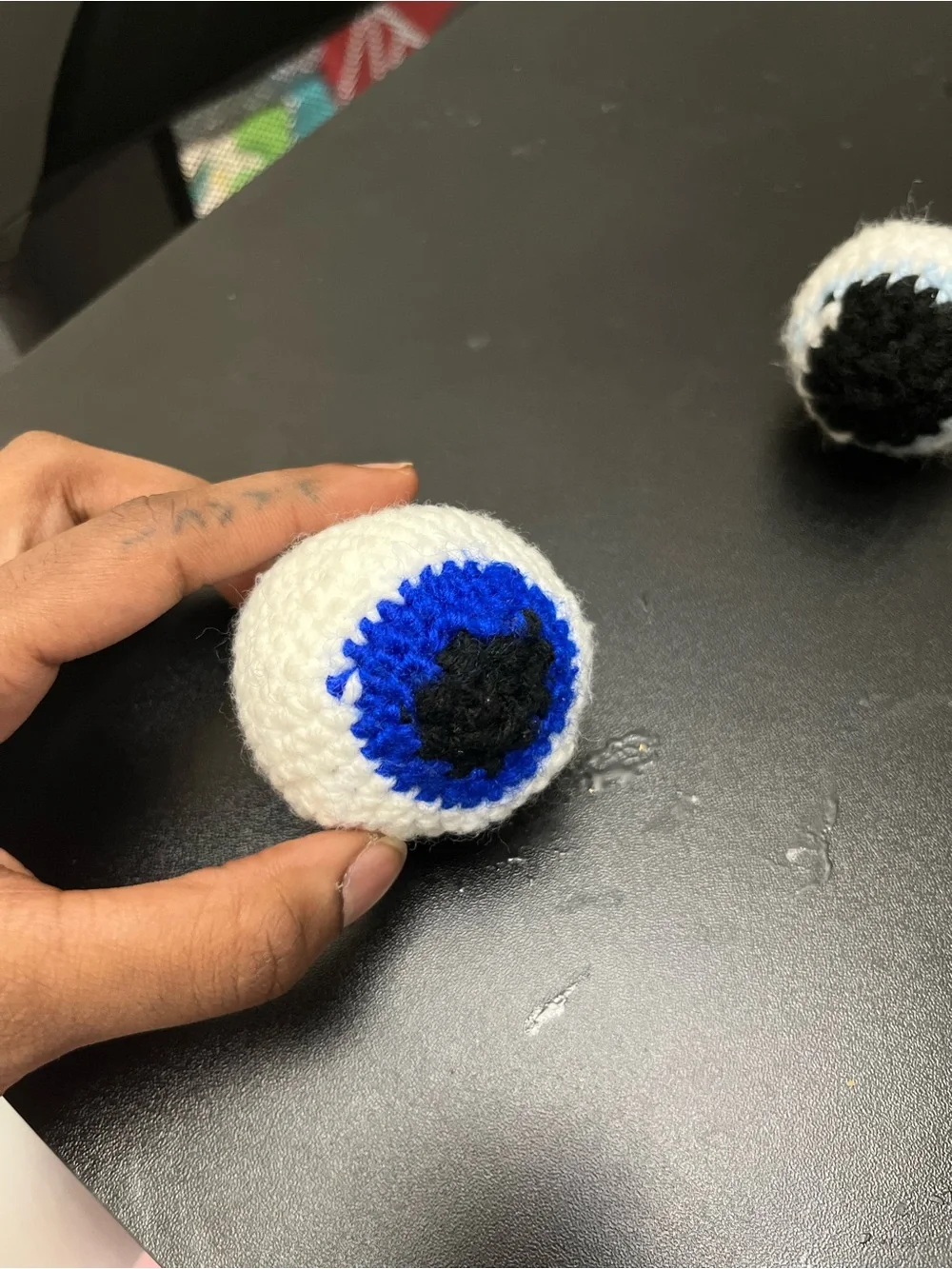 Crocheted White Eyeball Key Chain Charm with Blue Iris - Kids Accessory